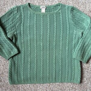 L.L. Bean Women's 3/4 Sleeve Green Cable Knit Sweater 100% Cotton Size M